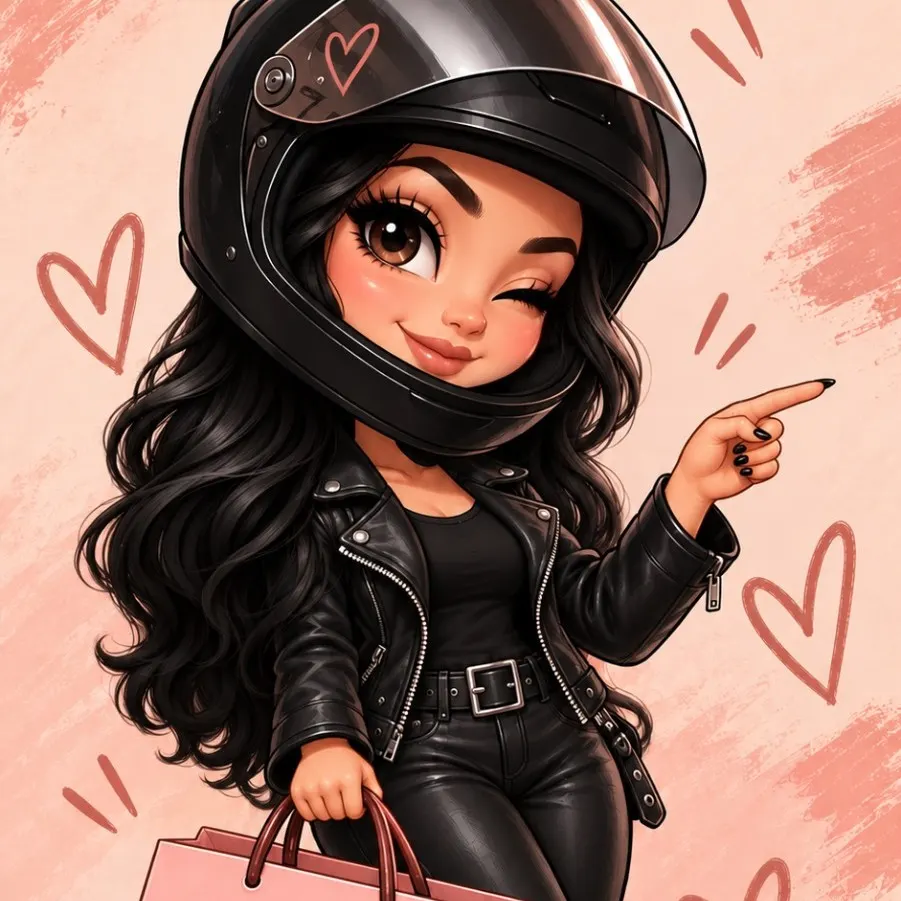 Ilustração da Jé de capacete preto e jaqueta de couro, piscando, apontando e segurando uma sacola rosa