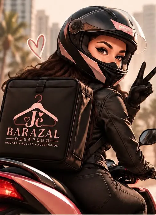 Ilustração da Jé de moto com a bag de entregas da marca, fazendo sinal de paz